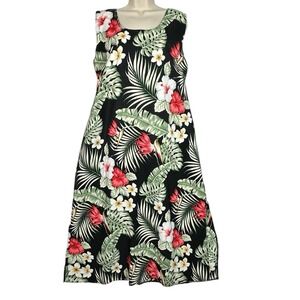 Vintage Y2K Tropical Floral Dress XL Black Hibiscus Sleeveless A-Line NWOT